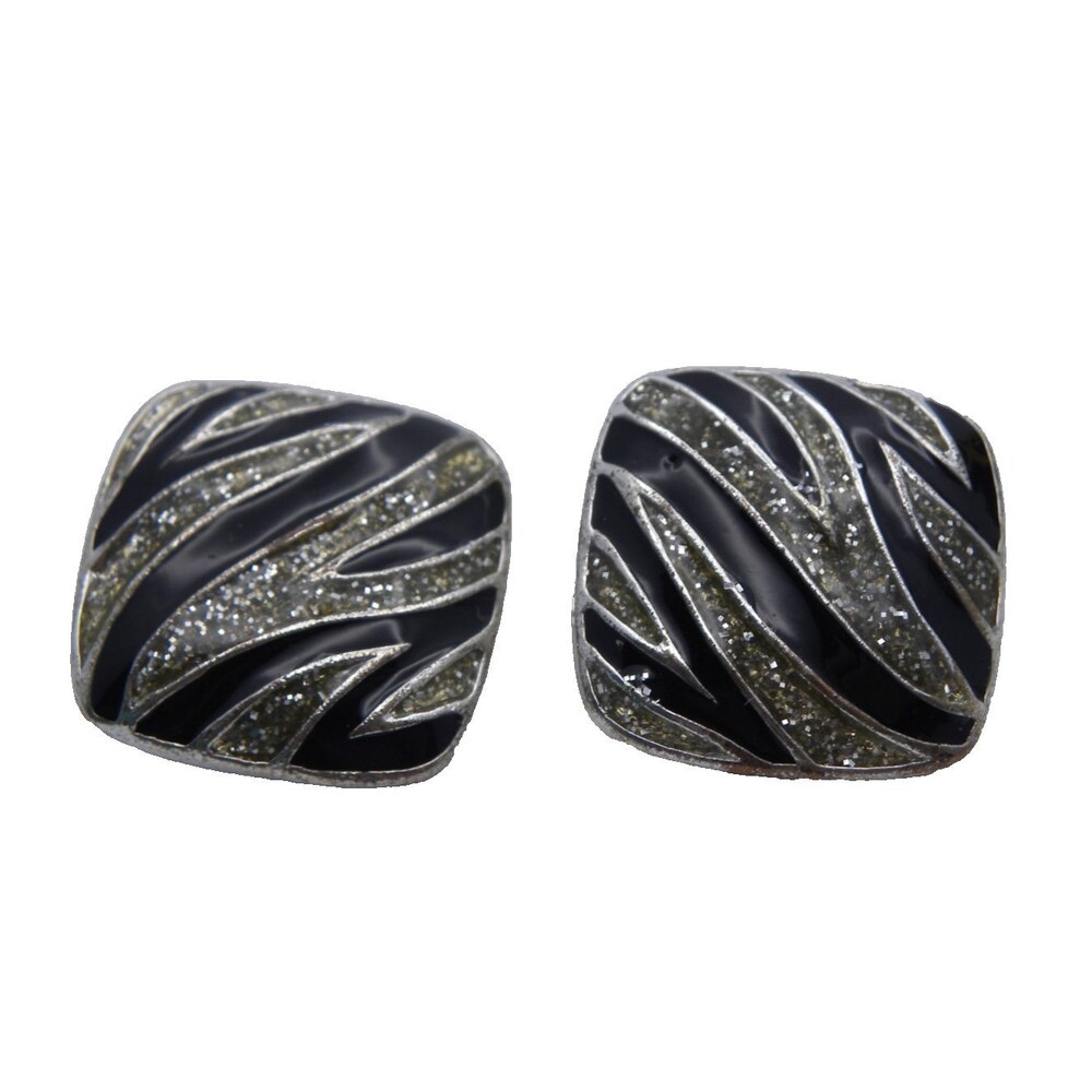 Vintage Silver Black Earrings Clip On Square Sparkle Zebra Striped Retro Enamel